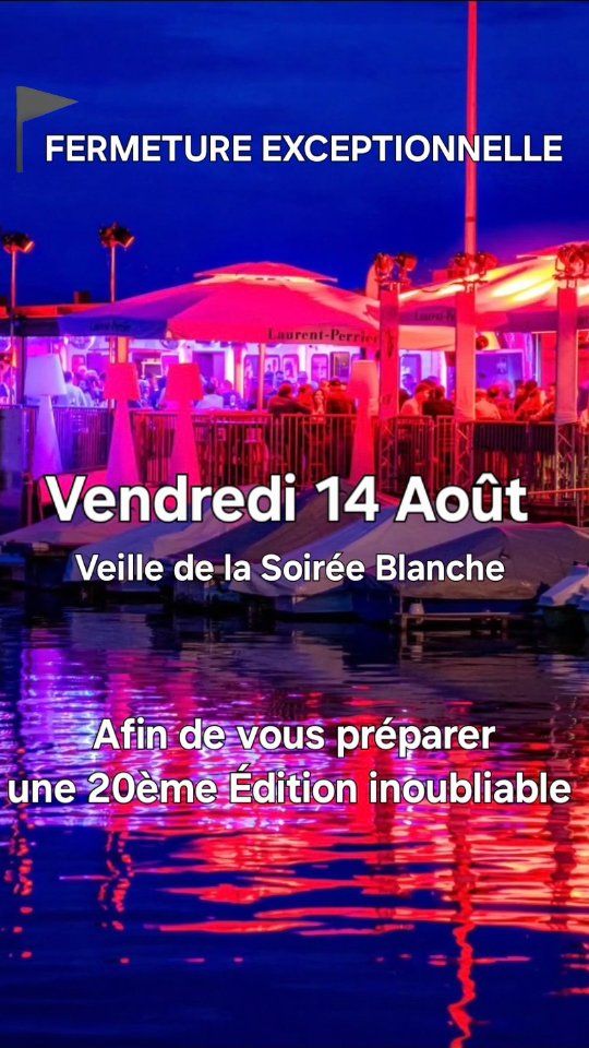 Cette semaine nous sommes ouverts :
• MERCREDI 12 AOÛT dès 17h
Avec SOSUSHI & Chez Soi* pour vous sustenter. 
• JEUDI 13 AOÛT dès 17h
La Tradi FONDUE au Mauler animée par Dj Samy
• EXCEPTIONNELLEMENT FERMÉS VENDREDI 14 AOÛT pour préparer la Soirée Blanche
• SAMEDI 15 AOÛT dès 18h SOIRÉE BLANCHE
entrée uniquement sur billet et avant 20h30
⚠️ DERNIERS BILLETS AVANT SOLD OUT 
sur notre site www.lamarina.ch