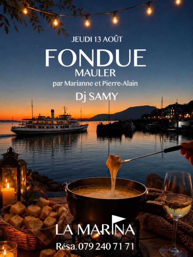 ⚠️ IL NE RESTE QUE 3 TABLES DE 4 PERSONNES
ET 1 TABLE POUR 6 ou 9 !

🫕 Rés. 079 240 71 71 

Friendly Reminder : nous sommes exceptionnellement fermés VENDREDI 14 AOÛT veille de la Soirée Blanche. 

Billetterie 20ème edition Soirée Blanche du Samedi 15 août : www.lamarina.ch 
🚨 Sold Out imminent.