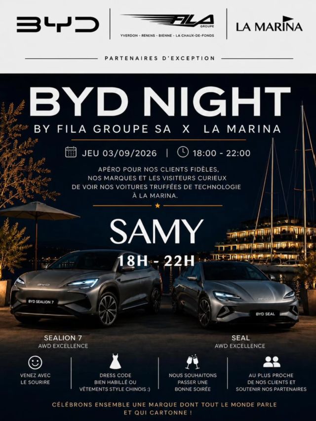 ✨️ Build Your Dreams 🚘 BYD NIGHT ✨️
🥂 Cocktail de Bienvenue Offert aux partenaires, aux fidèles clients, et à tous les curieux 👀
• @byd.swiss
• @fila.groupe
Ce JEUDI 3 SEPTEMBRE :
🧧Une soirée ouverte à tous pour découvrir l'alliance de l'élégance, la puissance et la haute technologie, d'une marque qui fait parler d'elle ! 😎
👘 Dress Code Chic ou Chinese Touch 🎎
🎙 Animation musicale assurée par Dj Samy 🎶
•@samy_belromari