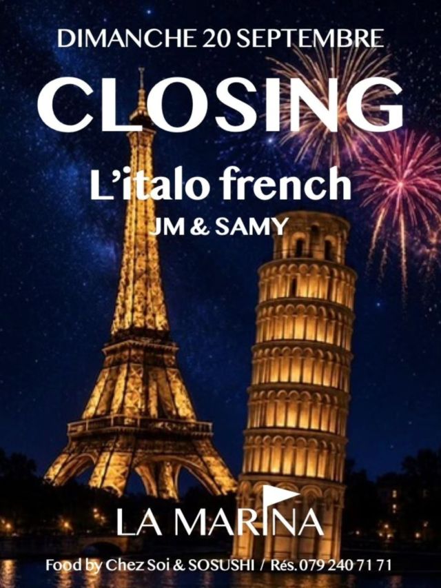 CLOSING • DERNIER JOUR !
Il est temps pour nous de fermer cette saison estivale 2026. Un été fort en émotions, riche de rencontres, de découvertes, solide de moments d'amour et d'amitiés. Ce fut pour tous et toutes un été mouvementé, au fil duquel nous avons essayé de vous apporter des instants de joie, des sourires de réconfort, des bulles de bonheur !
Et ce DIMANCHE 20 SEPTEMBRE, nous espérons de tout cœur, mais nous savons, que vous serez tous là, avec nous, pour partager une dernière fois tous ensemble, cette incroyable énergie qui nous unis, depuis des années, dans la fête de la Vie !
Parcequ'à LA MARINA, on ne festoie pas pour oublier, on festoie pour se souvenir !!!
Toute l'équipe vous attend donc à l'apéro et jusqu'à l'extinction de voix... car, c'est la Traditionnelle ITALO-FRENCH, Fameux duel entre JM Le GOAT et SAMY le King du Mic' interdit, et Si tu ne chantes pas, les autres le feront pour toi !