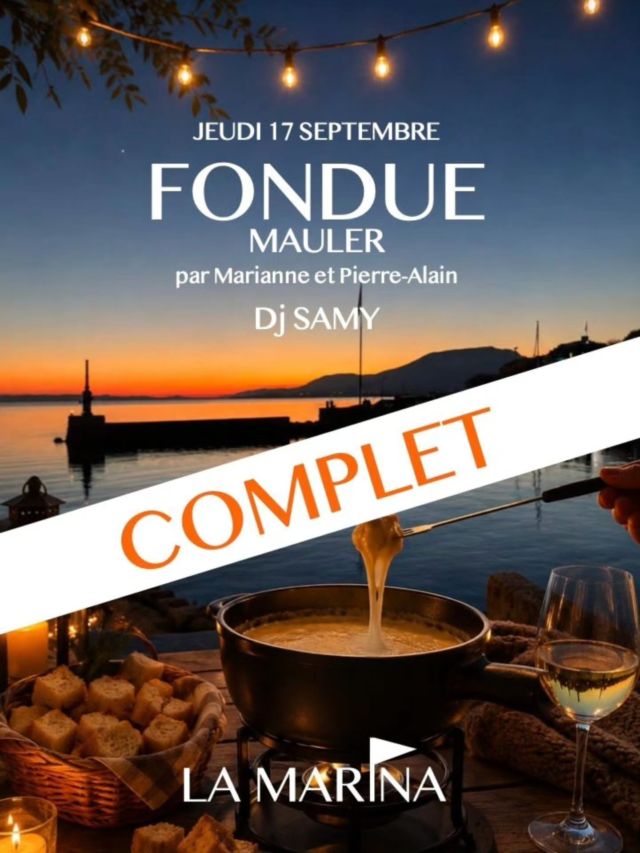 🫕 CLOSING J -3 • DERNIER JEUDI !!! 
La toute dernière traditionnelle Fondue au Mauler de Marianne, Pierre-Alain et leur brigade, à LA MARINA, est bien évidemment complète !
Cependant nous restons ouvert à tous•tes pour cette soirée qui s'annonce très ambiancée !
JEUDI 17 SEPTEMBRE, c'est guinguette ! Vous pourez déguster une planchette apéro de @chez_soi_food , trinquer et danser avec nous, nos bars vous attendent, et Dj Samy s'occupe de tout ! On vous garantie un dernier Jeudredi de Qualité ! 👌 🥳